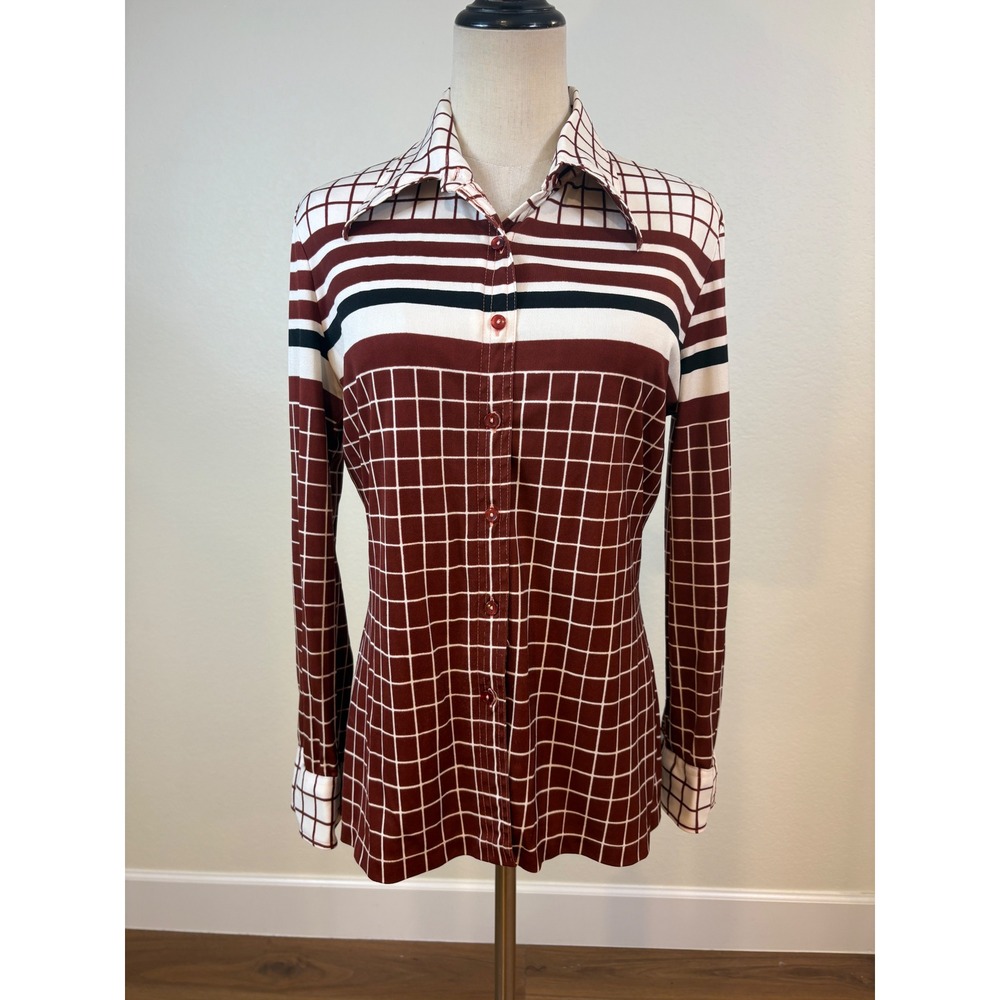 Vtg 70s Tarni Button‎ Up Top Womens L Brown Nylon Grid Stripe Blouse Disco Retro